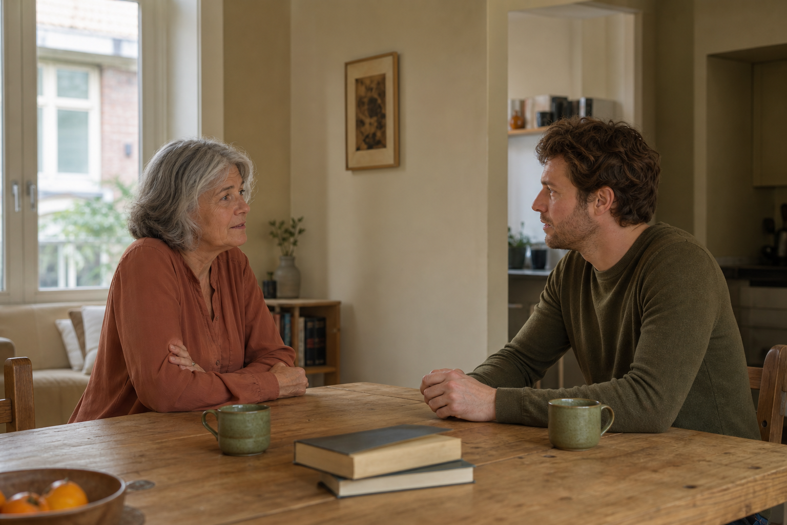 Twee mensen van verschillende generaties luisteren naar elkaar aan een tafel